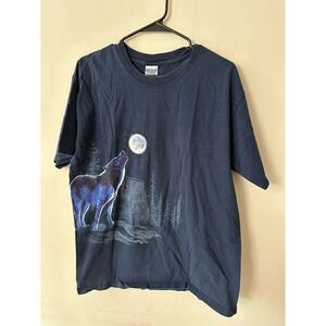 Vintage Wolf Coyote Nature Full Moon Night Shirt Size Large Wilderness AOP